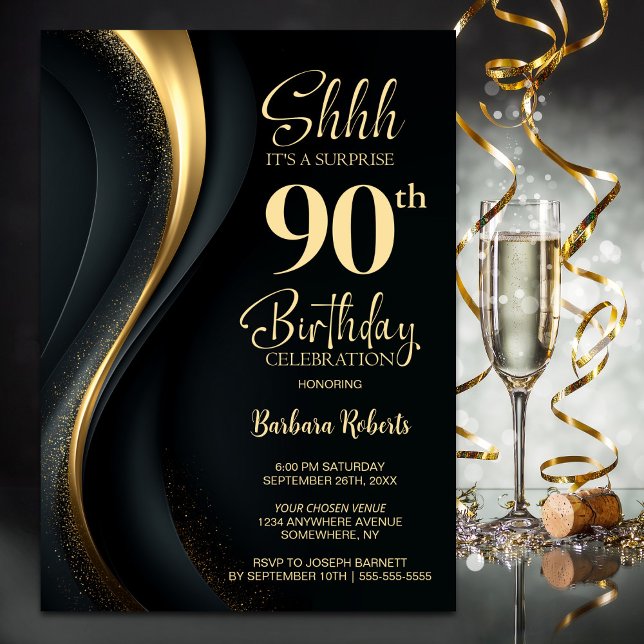 Black and Gold Surprise 90th Birthday Party Invitation (Creator Uploaded)
