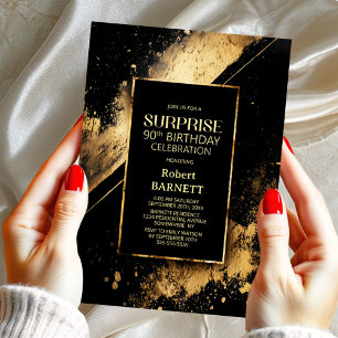 Black and Gold Surprise 90th Birthday Party Invitation