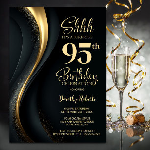 Black and Gold Surprise 95th Birthday Party Invitation