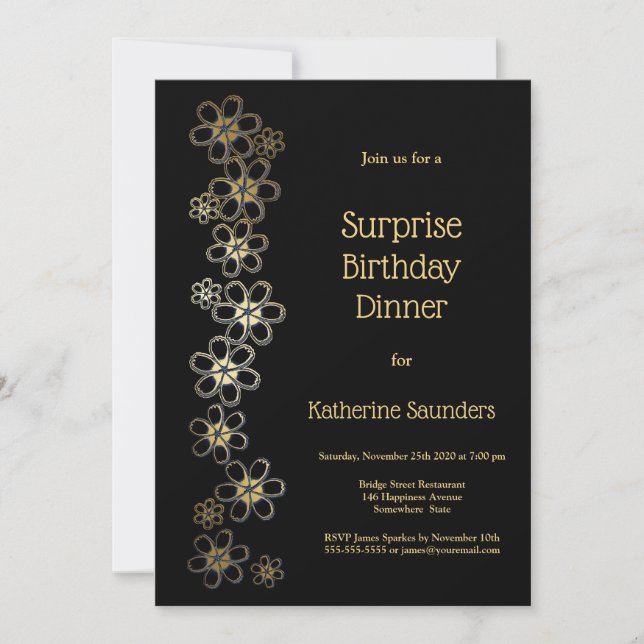 Black and Gold Surprise Birthday Dinner Party Invitation (Front)