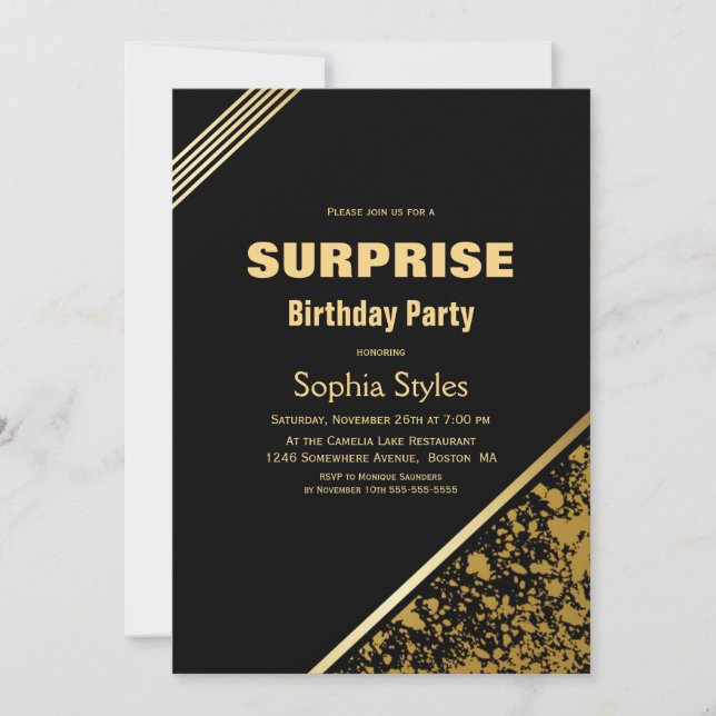Black and Gold Surprise Birthday Party Invitation (Front)