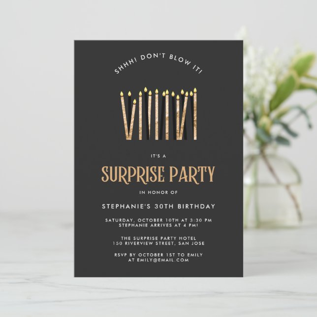 Black and Gold Surprise Birthday Party Invitation (Standing Front)