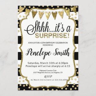 Black and Gold Surprise Birthday Party Invitations