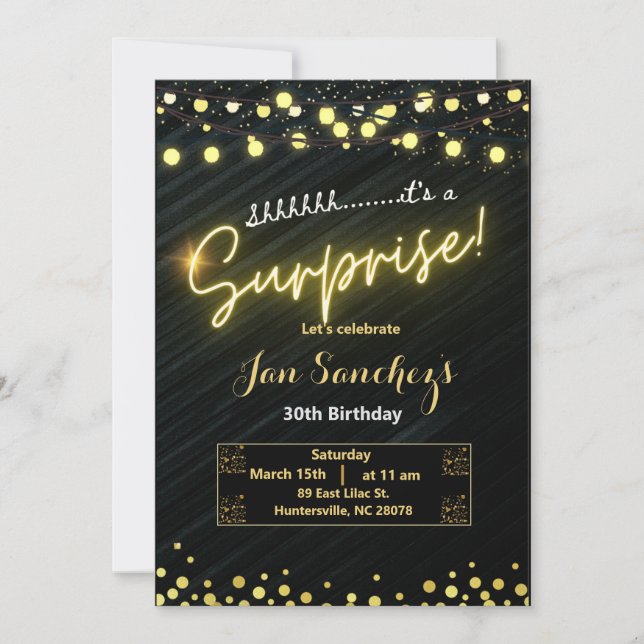 Black and gold surprise budget invitation QRcode F (Front)