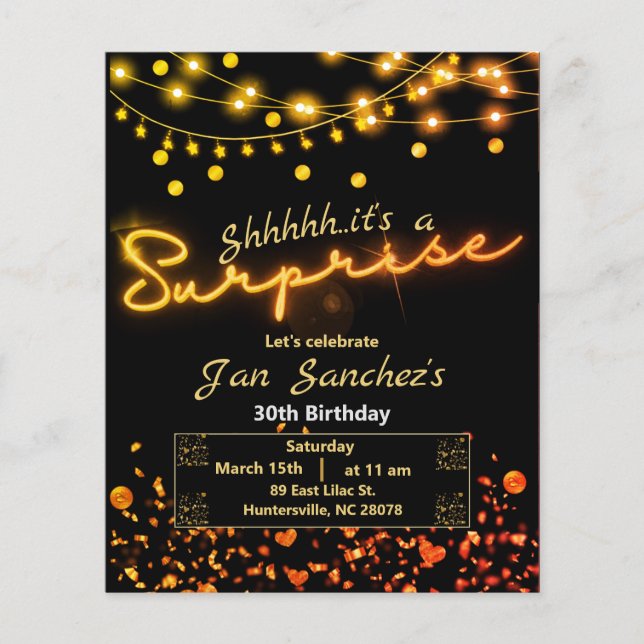 Black and gold surprise budget invitation QRcode F Flyer (Front)