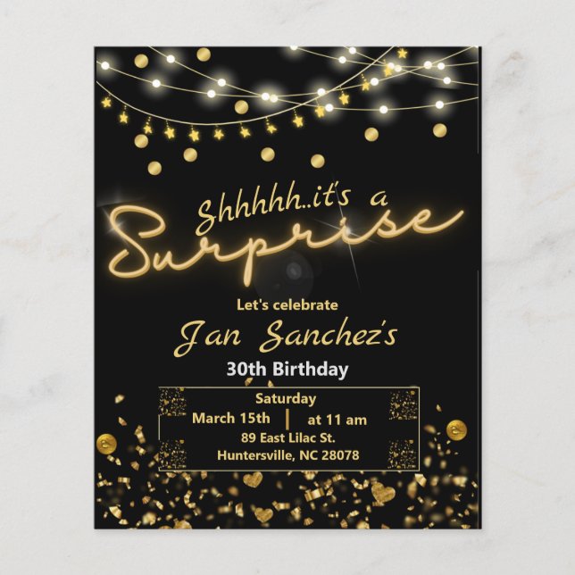 Black and gold surprise budget invitation QRcode Flyer (Front)