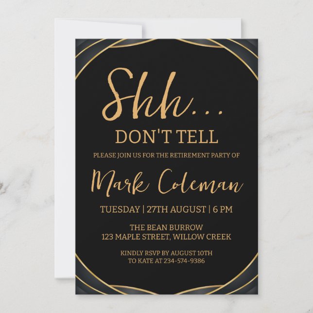 black and gold surprise retirement party invitation (Front)