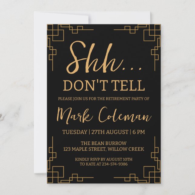 black and gold surprise retirement party invitation (Front)