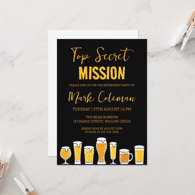 black and gold surprise retirement party invitation (Front/Back In Situ)