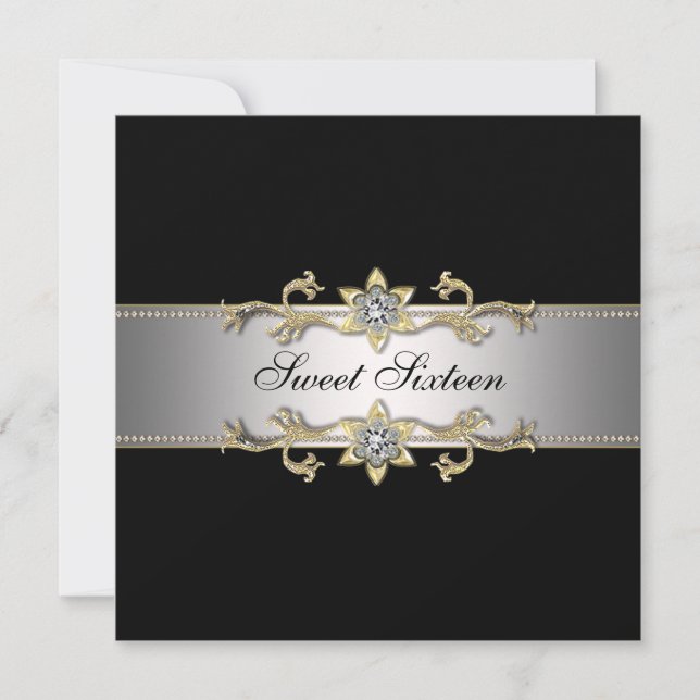 Black and Gold Sweet Sixteen Party Invitation (Front)