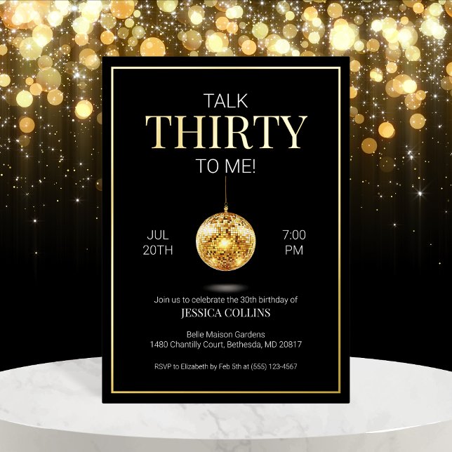 Black and Gold Talk Thirty to Me 30th Birthday (Black and Gold Talk Thirty to Me 30th Birthday Foil Invitation)