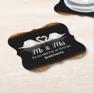 Black and Gold Themed with Swans Wedding Paper Coaster