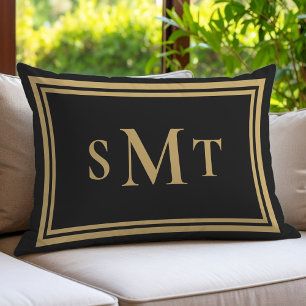 Black and Gold Three Letter Monogram Lumbar Cushion