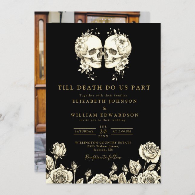 Black And Gold Till Death Gothic Photo Wedding Invitation (Front/Back)