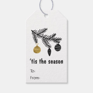 Black and gold tis the season pine bow ornaments gift tags