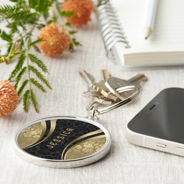 Black And Gold Tones Floral Damasks Key Ring (Side)