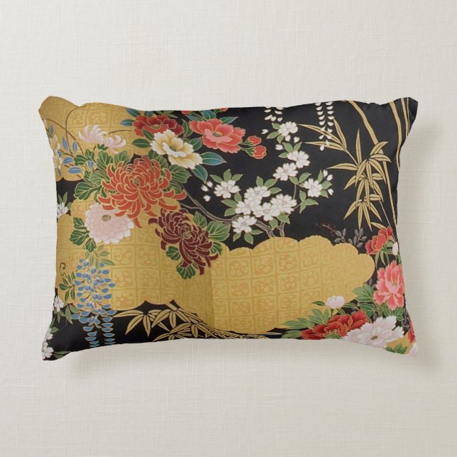 Black and Gold Traditional Japanese Kimono Floral  Decorative Cushion (Front)