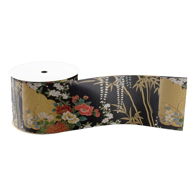 Black and Gold Traditional Japanese Kimono Floral  Grosgrain Ribbon (Spool)