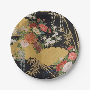 Black and Gold Traditional Japanese Kimono Floral Paper Plate