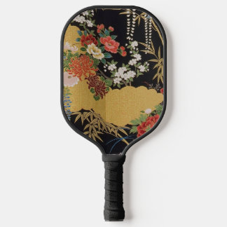 Black and Gold Traditional Japanese Kimono Floral  Pickleball Paddle