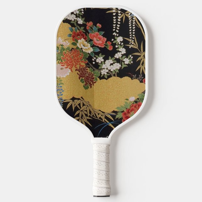 Black and Gold Traditional Japanese Kimono Floral  Pickleball Paddle (Front)