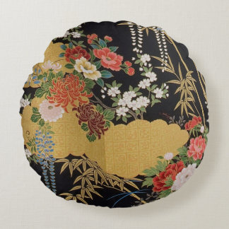 Black and Gold Traditional Japanese Kimono Floral Round Cushion