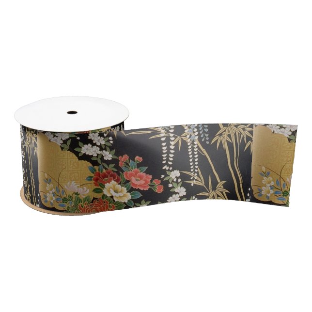 Black and Gold Traditional Japanese Kimono Floral  Satin Ribbon (Spool)