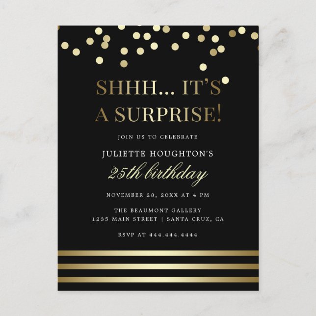Black and Gold Trendy Confetti Surprise Party Invitation Postcard (Front)