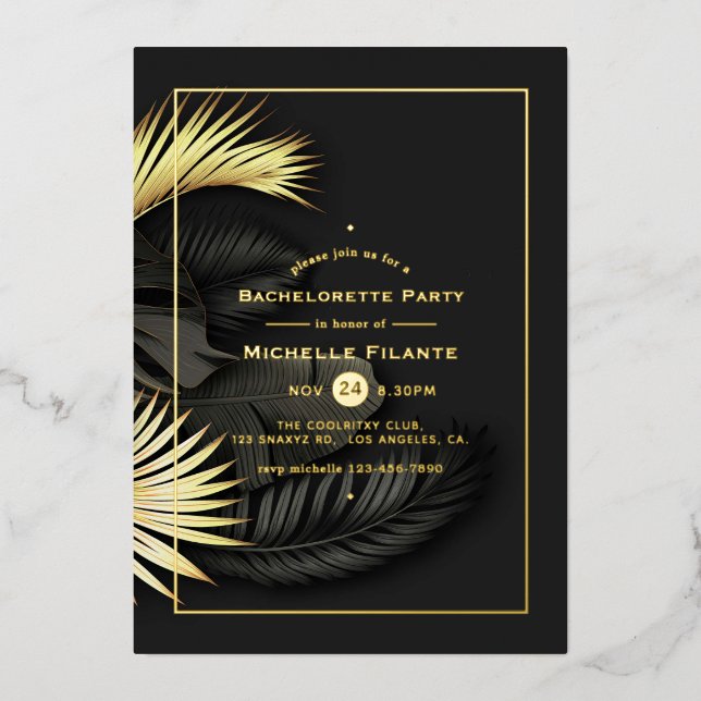 Black and Gold Tropical Bachelorette Party Foil In (Front)