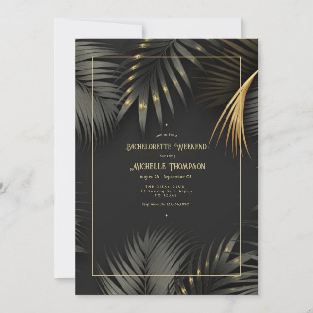 Black and Gold Tropical Bachelorette Weekend Invitation (Front)