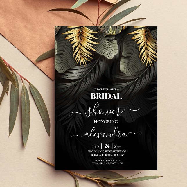 Black and Gold Tropical Destination Bridal Invitat Invitation (Creator Uploaded)