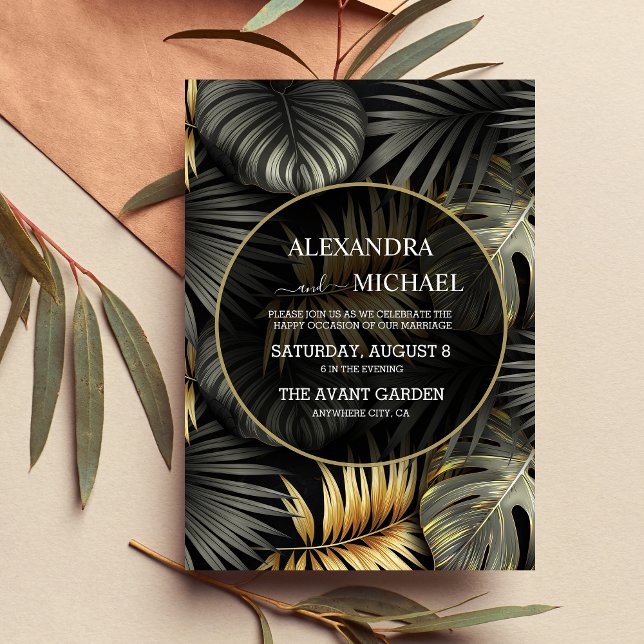 Black and Gold Tropical Destination Wedding Invitation (Creator Uploaded)