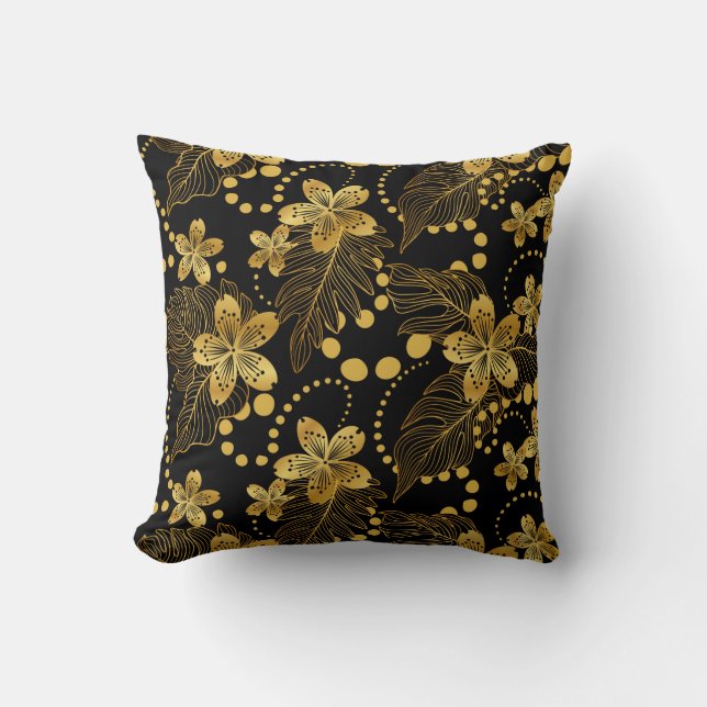 Black and gold tropical flowers and leaves pattern cushion (Front)