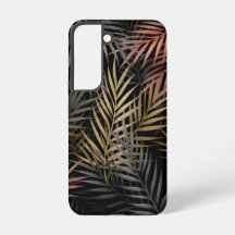 Black and gold tropical flowers and leaves Pattern