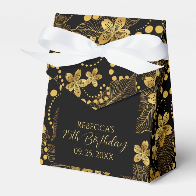 Black and gold Tropical leaves & flowers pattern Favour Box (Front Side)