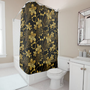 Black and gold Tropical leaves & flowers pattern Shower Curtain