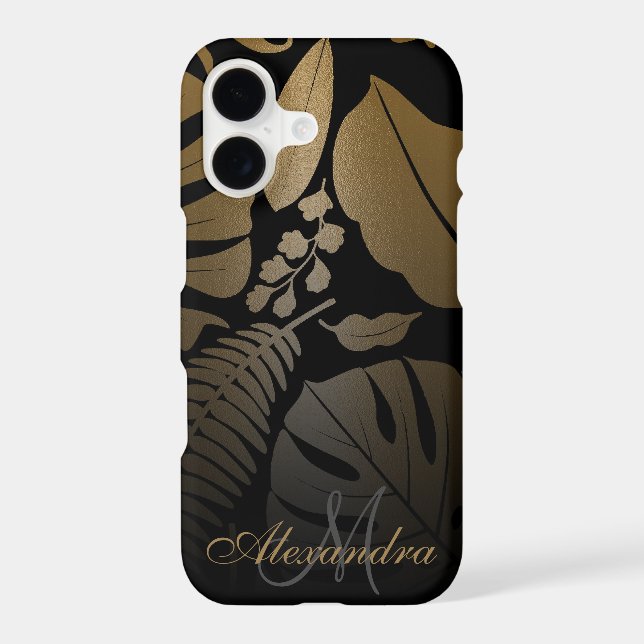 Black and Gold Tropical Leaves iPhone Case (Back)