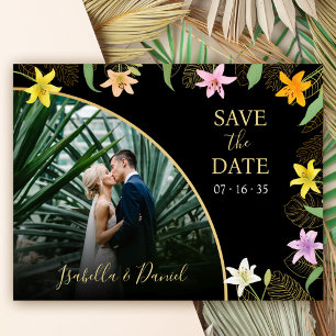 Black and Gold Tropical Lily Photo Save the Date Invitation Postcard