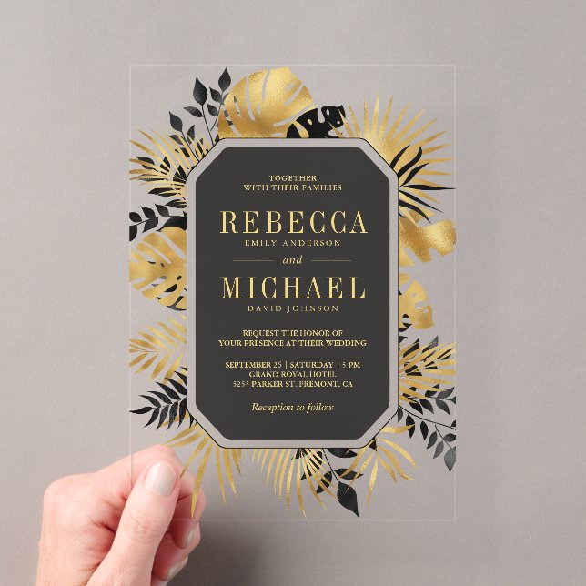 Black and Gold Tropical Palm Wedding Acrylic Invitations (Insitu (Handheld))