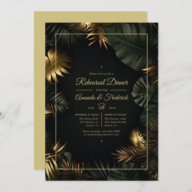Black and Gold Tropical Rehearsal Dinner Invitation (Front/Back)