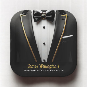 Black and Gold Tuxedo Birthday Event Paper Plate