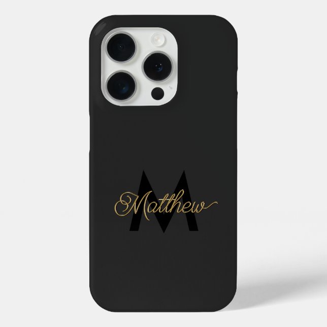 Black and Gold Typography Add Name & Monogram Mens Case-Mate iPhone Case (Back)