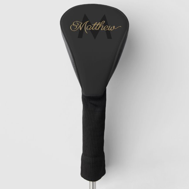 Black and Gold Typography Add Name & Monogram Mens Golf Head Cover (Front)