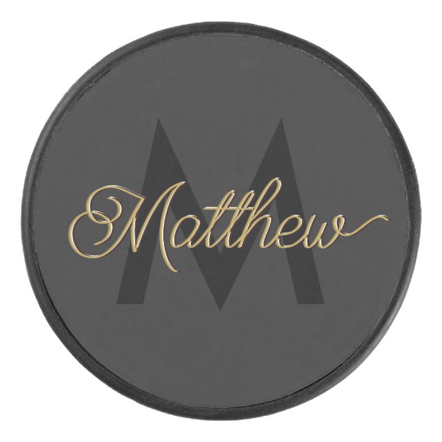 Black and Gold Typography Add Name & Monogram Mens Hockey Puck (Front)