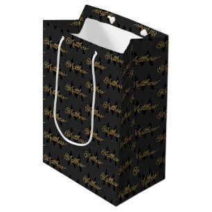 Black and Gold Typography Add Name & Monogram Mens Medium Gift Bag