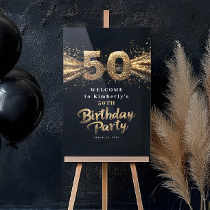 Black And Gold Typography Fifty 50th Birthday Acrylic Sign