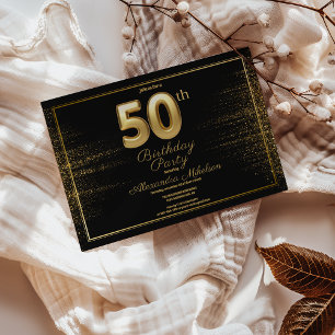 Black And Gold Typography Fifty 50th Birthday Invitation