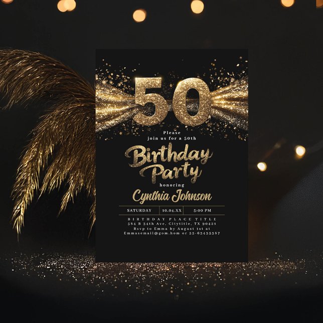 Black And Gold Typography Fifty 50th Birthday Invitation (50th Birthday Invitation Black and Gold)