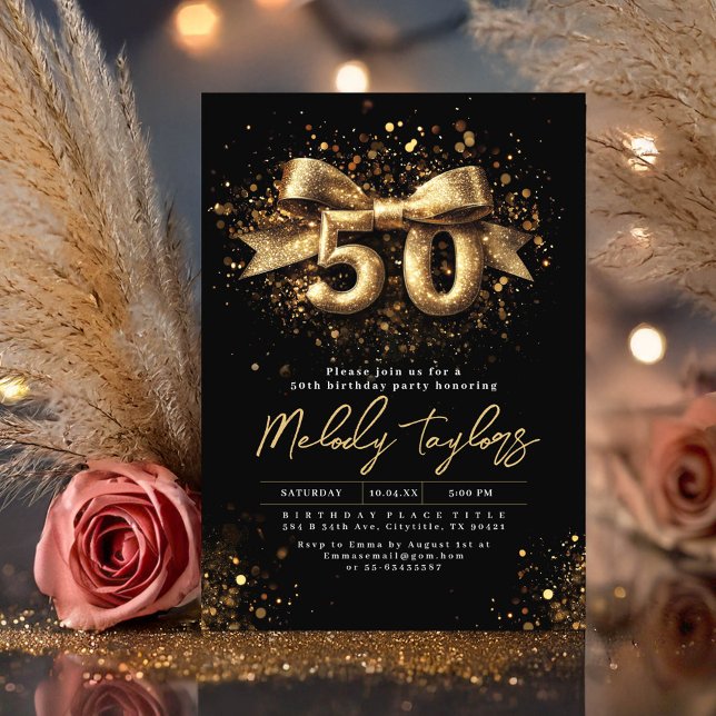 Black And Gold Typography Fifty 50th Birthday Invitation (Gold Glitter Glam Black 50th Birthday Invitation)