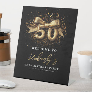 Black And Gold Typography Fifty 50th Birthday Pedestal Sign